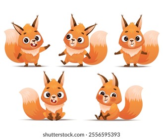 Charming and adorable illustrations of cartoon squirrels depicted in a variety of playful poses and joyful expressions