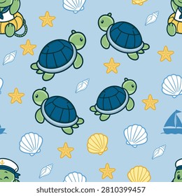 A charming and adorable nautical-themed seamless pattern featuring cute cartoon sea turtles swimming across a soft light blue background. The playful vector texture showcases a repeating layout of green tortoises with dark blue shells interspersed with yellow starfish, white and yellow seashells, sailboats, and a turtle wearing a sailor hat. This delightful continuous surface design is perfect for sweet children's summer apparel, nursery bedding, baby swimwear, wrapping paper, and coastal theme textiles.



#SeamlessPattern #SeaTurtle #KidsFashion #AllOverPrint #NauticalDesign #VectorTexture #BabyApparel #OceanLife #SeashellArt #SurfaceDesign