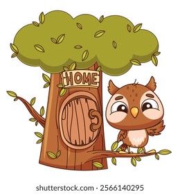 A charming and adorable owl is perched on a tree, accompanied by a cozy home sign, ideal for childrens decor