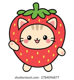 A charming and adorable of a small cat dressed in a bright red strawberry suit, featuring a happy expression and simple kawaii design.