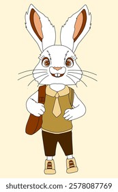 A charming and adorable vector illustration of a smiling bunny wearing a school uniform and carrying a bag. This cute character is perfect for children's books, educational materials.