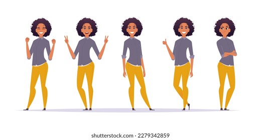 Encantadora niña o mujer afroamericana en diferentes poses, se pone de pie, gesto genial con su mano, se regocija, reflexivo. Estilo plano de dibujos animados modernos