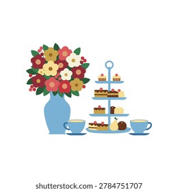 A charming afternoon tea arrangement featuring a blue vase filled with a bouquet of red, yellow, and white flowers. Beside the vase is a three-tiered blue dessert stand holding various small cakes, pastries, and a pear. Two light blue tea cups with saucers are placed on either side of the stand. The uses a flat, minimalist style with soft colors and clean lines, evoking a cozy and inviting atmosphere for a tea party, social gathering, or cafe-themed visual project.