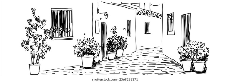 charming alley with potted plants and rustic buildings hand drawn doodle sketch