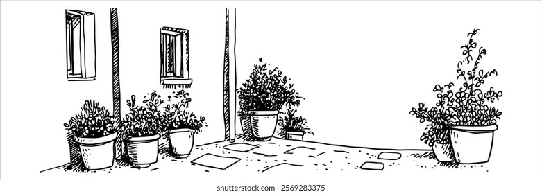 charming alley with potted plants and rustic buildings hand drawn doodle sketch