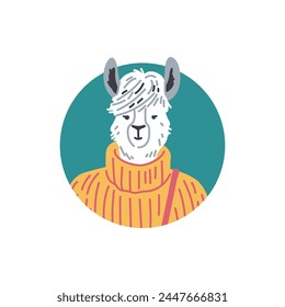 A charming alpaca in a cozy turtleneck sweater. Vector illustration capturing a fusion of animal warmth and human fashion sensibilities.