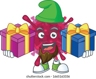 A charming amoeba coronaviruses cartoon mascot style with two boxes of gifts