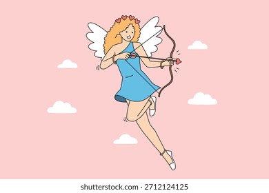 Encantadora doncella angelical que se eleva bajo el cielo rosa con arco y flecha