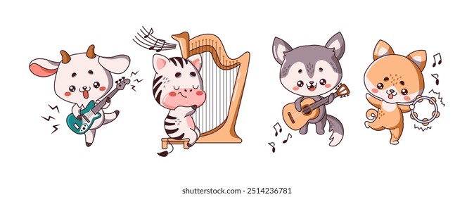 Encantador animais músicos ícones sobre fundo branco. Série de ilustrações de vetor de cor plana com animais kawaii envolvidos em performances musicais