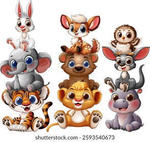 Charming animals stacked playfully in a joyful arrangement