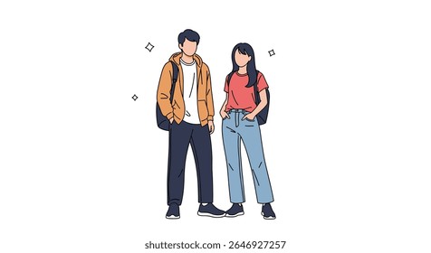 Charming Animated Couple Ready for Adventure with Backpacks and Casual Outfits