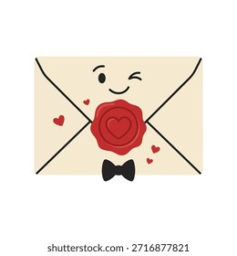 Envelope charmoso e antropomórfico com um rosto feliz e piscante, adornado com um selo de cera vermelha com um coração e uma gravata preta, transmitindo uma mensagem de amor ou carinho.