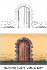 Charming arched door with stone frame and plants