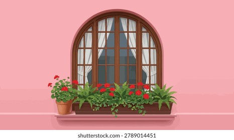 Charming arched wooden window with blooming red geraniums in a window box ideal for home decor design assets on transparent background