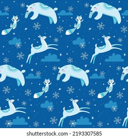 Charming arctic animals in a whimsical winter scene. This vector pattern repeats seamlessly and would be perfect for a surface design or background.