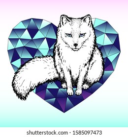 
Charming arctic fox on the background of the heart. Illustration with polygon style elements.
