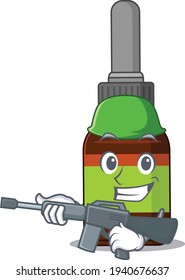 A charming army liquid bottle cartoon picture style having a machine gun. Vector illustration