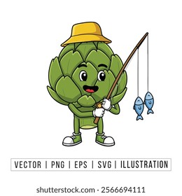 Charming Artichoke Cartoon Fishing Illustration - Vector Graphic for Fun and Playful Designs