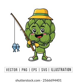 Charming Artichoke Cartoon Fishing Illustration - Vector Graphic for Fun and Playful Designs