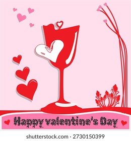 A charming and artistic digital illustration featuring a stylized red wine glass as the centerpiece. The design is adorned with playful floating hearts in various shades of red and pink, set against a soft pastel pink background. Minimalist floral accents and elegant curved lines frame the scene, while the bottom banner displays a rustic "Happy Valentine's Day" greeting. This creative graphic captures the romantic and joyful essence of love, making it perfect for holiday cards, social media posts, or festive decorations.