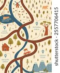 Charming artistic vector map celebrating wanderlust, hand-drawn in flat style with scenic landscape elements - mountains, lake, trees, farm, wildlife, and winding trails.