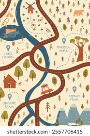 Charming artistic vector map celebrating wanderlust, hand-drawn in flat style with scenic landscape elements - mountains, lake, trees, farm, wildlife, and winding trails.