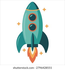 Charming artwork of animated blue rocket with flame over a plain white