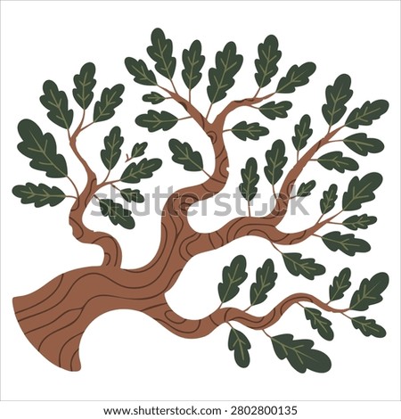 Charming artwork of animated oak branch with green foliage over a plain