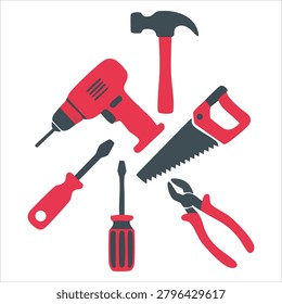 Charming artwork of red tools collection apart on white drill hammer screwdriver