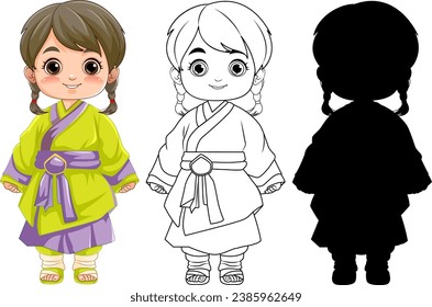A charming Asian girl wearing a traditional dress in a vector cartoon style