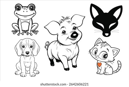 A charming assortment of adorable cartoon animals in black and white, perfect for creative projects, including a frog, piglet, fox, puppy, and kitten.