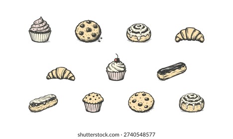 A charming assortment of baked goods rendered in a sketch style, perfect for illustrating sweet treats and bakery themes