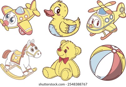 Un encantador surtido de Ilustraciones vectoriales coloridas y divertidas con sonajeros, juguetes de peluche, bloques de construcción y equipo para bebés, perfecto para los diseños de los niños.