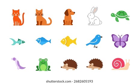 A charming assortment of colorful, stylized cartoon animals, showcasing a variety of pets and creatures in a playful, illustrative style.