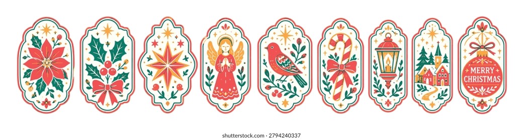 A charming assortment of decorative Christmas elements including poinsettias, holly, angels, birds, and festive scenes, perfect for holiday crafts and decorations