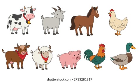 A charming assortment of eight distinct cartoon farm animals, including a cow, goat, horse, chicken, bull, sheep, pig, rooster, and duck.