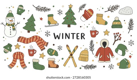Una encantadora variedad de Elementos de temática invernal dibujados a mano que incluyen un muñeco de nieve, árboles de Navidad, ropa de abrigo y decoraciones festivas.