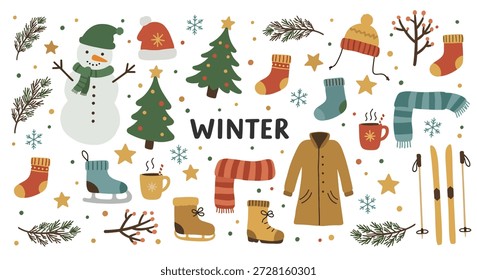Un encantador surtido de artículos de temática invernal que incluyen un muñeco de nieve, árboles de Navidad, sombreros, bufandas y ropa de abrigo.