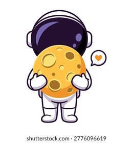 A charming astronaut character embracing a bright yellow moon. This adorable space themed design features a love heart icon, perfect for romantic space projects, kids.
