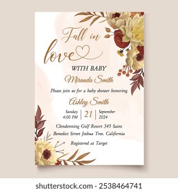 Charming autumn baby shower invitation featuring fall flowers and leaves. Perfect for celebrating the new arrival with a cozy, seasonal theme. Fall in love with your little one!