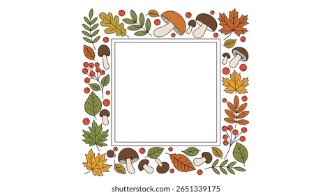 Charming autumn border design with fall leaves berries and mushrooms illustration