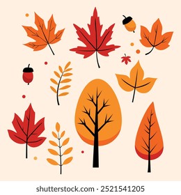 Charming autumn elements doodle vector design set featuring cozy and vibrant fall-themed illustrations. Perfect for seasonal designs, prints, and decorations.