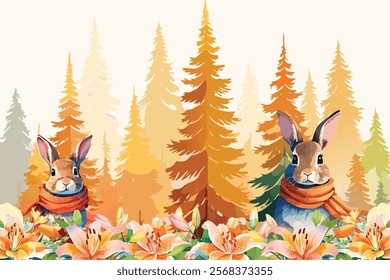 Charming Autumn Forest Scene Featuring Rabbits in Scarves and Lily Flowers. Watercolor style.