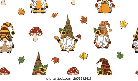 Charming autumn gnomes and mushrooms adorned with sunflowers and falling leaves for seasonal celebrations