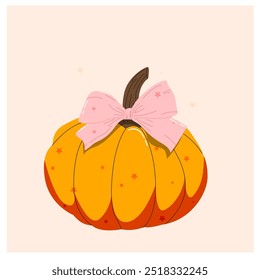 Charming autumn illustration with a bow and a pumpkin. The concept of an autumn Halloween illustration. Autumn, Thhanksgiving. Cute autumn greeting card. Illustration ad, poster, sticker