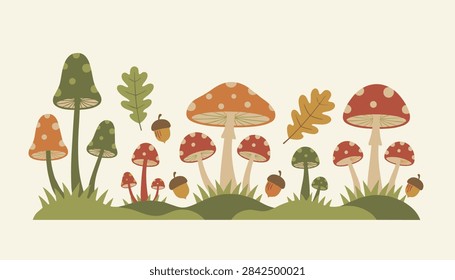 Charming autumn illustration featuring an array of colorful forest mushrooms, green leaves, and fallen acorns.