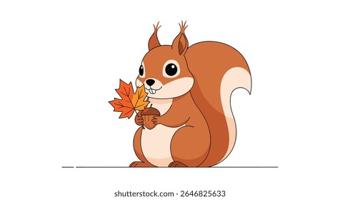 Charming Autumn Squirrel Holding Colorful Maple Leaves in its Paws Enjoying the Fall Season