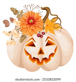 A charming autumn vector illustration featuring a carved beige pumpkin lantern with a smiling face. Adorned with vibrant orange flowers, leaves, and berries, this whimsical design blends Halloween. 