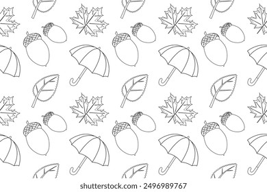 A charming autumn-themed coloring page featuring umbrellas, acorns, and leaves. Perfect for seasonal coloring fun and relaxation.