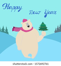 Charming awesome polar bear with Christmas tree. Illustration in vector cartoon style. Happy new year card with hand drawn lettering
